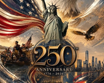 Stampa per il 250° anniversario dell'America, 1776-2026, arte murale patriottica, aquila calva, campana della libertà, statua della libertà, download digitale del 250° anniversario.