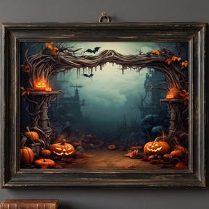 May include: A framed wall art print depicting a dark, misty forest scene with an archway formed by gnarled, leafless tree branches. Several glowing orange jack-o'-lanterns are positioned around the base and on ledges, with bats flying in the sky.