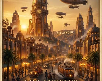Arte murale steampunk, paesaggio urbano retro-futuristico, download digitale, carta da parati steampunk, poster pronto per la stampa
