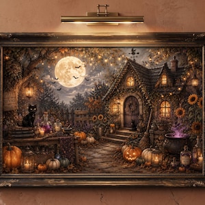 May include: A framed wall art print depicting a nocturnal autumn scene with a cottage, a full moon, a black cat, pumpkins, sunflowers, and a bubbling cauldron. The artwork features warm string lights, a wooden table with potion bottles, and a sign labeled Spells Potions Magic, all set within a dark, ornate, rectangular frame.