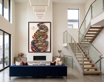 Patriottische bezienswaardigheden VS kaart kunst aan de muur, decor vintage reisposter, grote Americana woonkamer print, Amerikaanse geschiedenis kunst