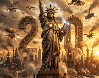 Stampa steampunk per il 250° anniversario degli Stati Uniti, decorazione murale patriottica, aquila e campana della libertà (download digitale)