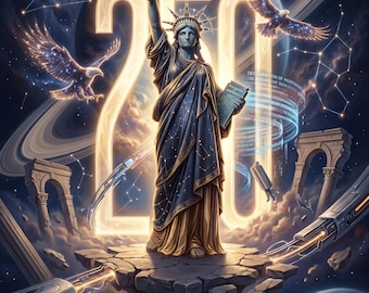 Stampa per il 250° anniversario dell'America, Aquila Calva, Campana della Libertà, Statua della Libertà, Download digitale del 50° anniversario