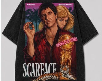 Koszulka oversize Scarface World Is Yours | Koszulka vintage Acid Wash | Koszulka z grafiką Mafia Streetwear