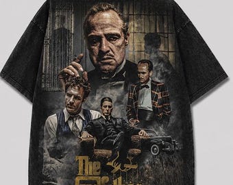 Koszulka oversize z motywem Ojca Chrzestnego w stylu vintage | Koszulka uliczna Acid Wash Mafia | Koszulka z grafiką z klasycznego filmu