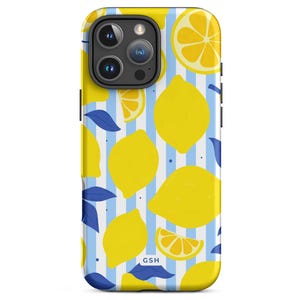 Lemon Stripe Phone Case • Yellow Lemons & Blue Leaves • Fresh Summer Citrus Design