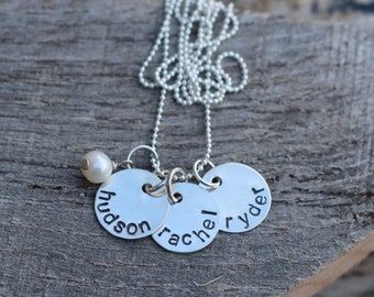 Hand Stamped Sterling Silver Personalized Name Necklace with THREE DISCS