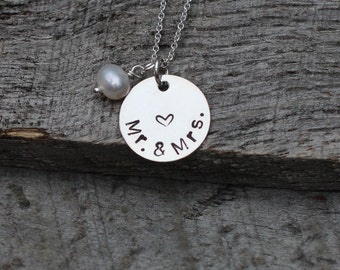 Hand Stamped Mr & Mrs Necklace with Heart