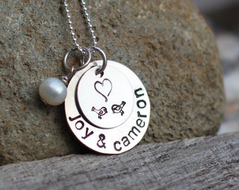 Hand Stamped Sterling Silver Love Birds Necklace