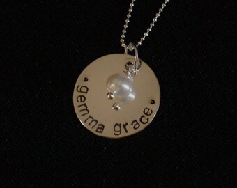 Hand Stamped Sterling Silver Two Name Necklace with Freshwater Pearl