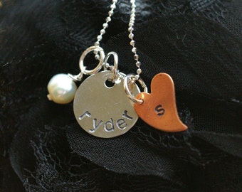Hand Stamped Sterling Silver Engagement, Wedding or Anniversary Necklace with ONE Disc and Copper Heart