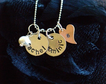 Hand Stamped Bride-to-be, Newlywed or Anniverary Sterling Silver Necklace with Copper Heart