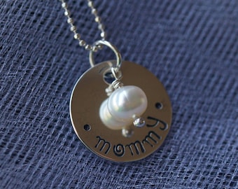 Hand Stamped Sterling Silver "mommy" Necklace with Whimsical Font