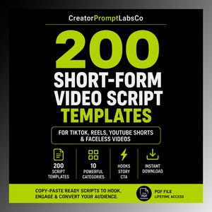 Puede incluir: Gráfico negro y verde con el texto "200 PLANTILLAS DE GUION DE VÍDEO DE FORMATO CORTO" en blanco y amarillo. El gráfico es para TikTok, Reels, YouTube Shorts y vídeos sin rostro. Incluye 200 plantillas, 10 categorías, ganchos, CTA y descarga instantánea.