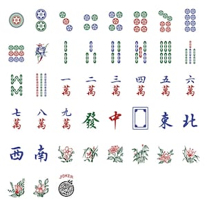 May include: A collection of Mahjong tiles featuring various suits, including circles, bamboo, and characters. The tiles are in a variety of colors, including red, green, and blue. Some tiles have floral designs and Chinese characters.