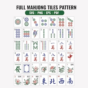 Könnte beinhalten: Eine Sammlung von Mahjong-Steinen mit verschiedenen Symbolen, Zahlen und chinesischen Schriftzeichen. Die Steine weisen rote, grüne, blaue und weiße Designs auf. Der Text "FULL MAHJONG TILES PATTERN" steht oben, mit Dateityp-Optionen.
