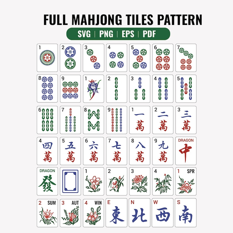 May include: A collection of Mahjong tiles with various symbols, numbers, and Chinese characters. The tiles feature red, green, blue, and white designs. The text "FULL MAHJONG TILES PATTERN" is at the top, with file type options below.
