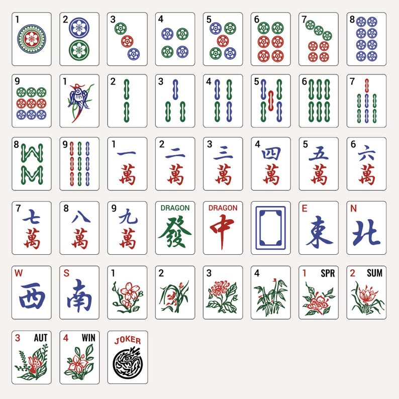 May include: A collection of Mahjong tiles, featuring various suits, numbers, and characters. The tiles display colorful designs, including circles, bamboo, and Chinese characters, with a Joker tile.