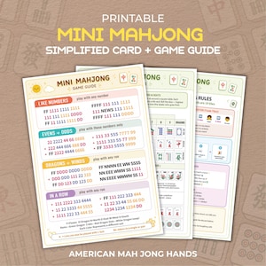 May include: A set of three printable Mini Mahjong game guide cards featuring text and diagrams. The cards display rules, hand combinations, and scoring instructions with colorful headers and icons on a light background with a subtle tile pattern.