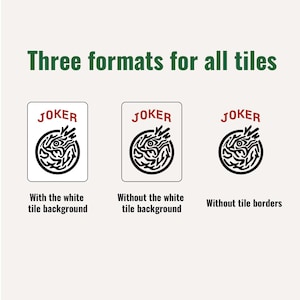 May include: Image showing three versions of a tile design. Each tile features a black and white graphic with the word "JOKER" in red. The text "Three formats for all tiles" is at the top. The bottom text describes the tile variations.