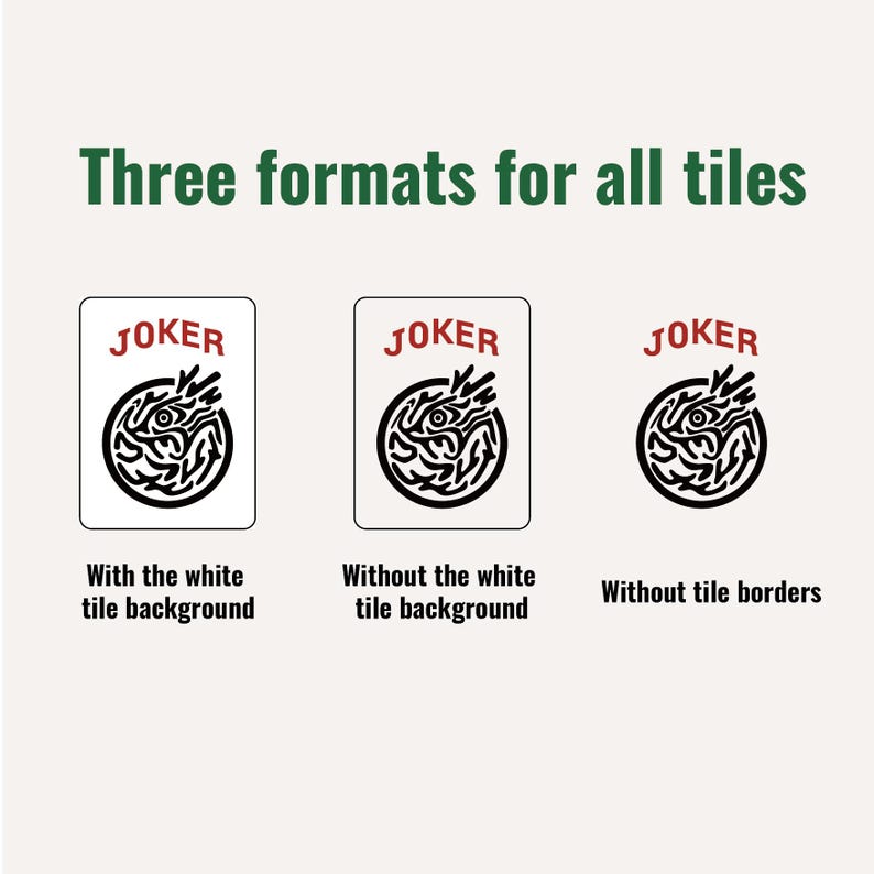 May include: Image showing three versions of a tile design. Each tile features a black and white graphic with the word "JOKER" in red. The text "Three formats for all tiles" is at the top. The bottom text describes the tile variations.