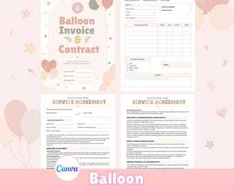 Vorlage für Ballonrechnung und -vertrag (Canva), bearbeitbares Formular für Ballongeschäfte, Vertrag für Ballondekoration, Preisrechnung für Ballons, Ballonvereinbarung