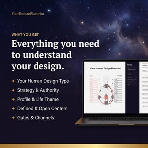 May include: A laptop displaying a Human Design Blueprint diagram, with text including "Your Human Design Type" and "Strategy & Authority." The background features a starry night sky and gold accents. The text "Everything you need to understand your design" is also visible.