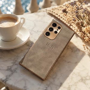 Peut inclure: Une coque de smartphone rectangulaire avec une finition grise texturée et un cadre d'appareil photo doré métallique. La coque présente les initiales R.S. en relief au centre. Les bords sont finis dans un ton doré poli, assorti au bloc photo.