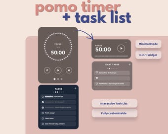 Minuteur Pomodoro + liste de tâches interactive | Mini Fashion | Entièrement personnalisable | Pack de widgets OBS | Espace de travail confortable | Superposition de flux | Téléchargement instantané