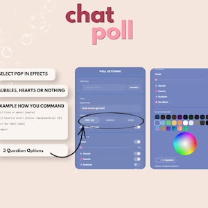 K&ouml;nnte beinhalten: Eine digitale Benutzeroberfl&auml;che f&uuml;r eine Chat-Umfrage-Anwendung mit einem Einstellungsmen&uuml; f&uuml;r Twitch-Integration, Fragetypen und visuelle Effekte. Die Anzeige enth&auml;lt Textanweisungen, eine Farbauswahl und Kippschalter zur individuellen Anpassung.