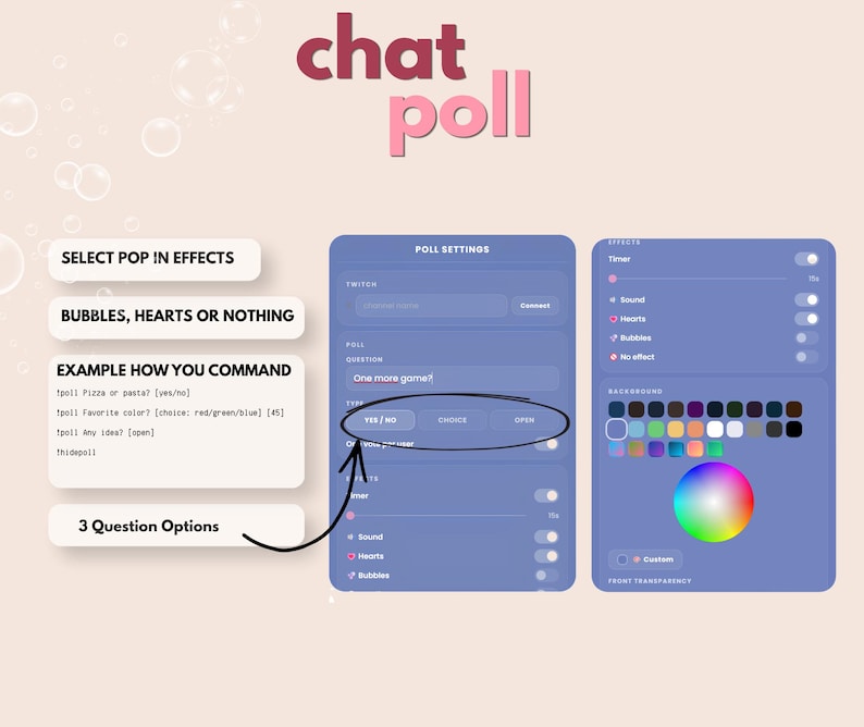 K&ouml;nnte beinhalten: Eine digitale Benutzeroberfl&auml;che f&uuml;r eine Chat-Umfrage-Anwendung mit einem Einstellungsmen&uuml; f&uuml;r Twitch-Integration, Fragetypen und visuelle Effekte. Die Anzeige enth&auml;lt Textanweisungen, eine Farbauswahl und Kippschalter zur individuellen Anpassung.