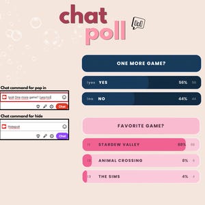May include: A digital chat poll interface featuring two sections. The top section asks "ONE MORE GAME?" with "YES" at 56% and "NO" at 44%. The bottom section asks "FAVORITE GAME?" with "STARDEW VALLEY" at 88%, "ANIMAL CROSSING" at 8%, and "THE SIMS" at 4%.