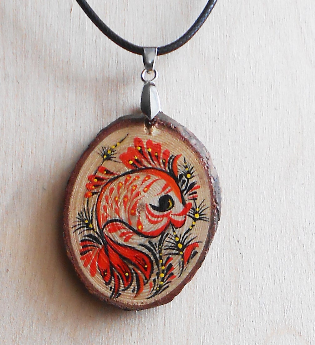 Goldfish pendant necklace feng shui jewelry Wood gold fish Etsy