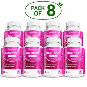 Pode incluir: Oito frascos de suplemento alimentar Rosabella Beetroot. Cada frasco é branco com um rótulo rosa, com o nome da marca e detalhes do produto. O texto "PACK OF 8" está em um oval verde no topo.