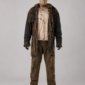 May include: A full-body costume featuring a weathered hockey mask with red markings, a distressed white t-shirt with dark stains, a dark brown tattered jacket, brown worn-out trousers with frayed edges, and black boots with dark gloves.