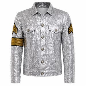 May include: A long-sleeve jacket covered in shimmering silver sequins featuring a classic collar, a front button closure, and two chest pockets. The sleeves are adorned with gold sequined military-style chevron patches and a gold armband.