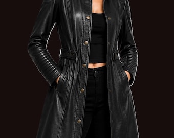 Women’s Black Leather Trench Coat | Slim Fit Long Biker Jacket | Stylish Winter Leather Coat | Gothic Streetwear