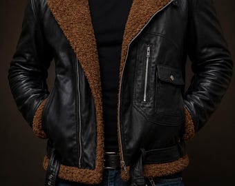 Men's Real Leather Bomber Jacket - Handmade Black Fur Shearing Jacket - Winter Aviator Style Jacket