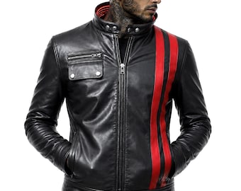 Men’s Black Leather Jacket with Red Stripe | Cyberpunk Biker Jacket | Slim Fit Moto Futuristic Streetwear Coat