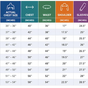 May include: A size chart for clothing, with measurements in inches. The chart includes sizes from XX-Small to XXXX-Large, detailing chest, waist, shoulder, sleeve, and length measurements for each size. The chart is color-coded.