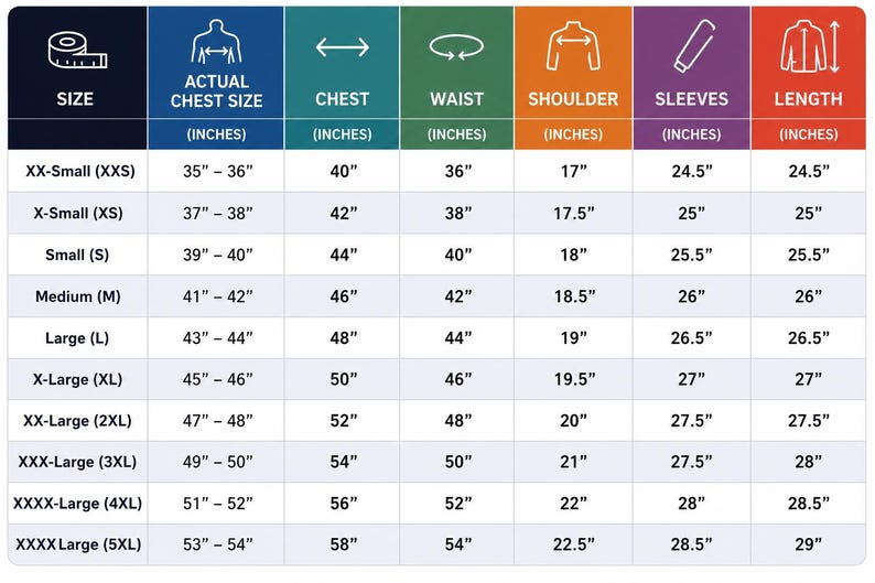May include: A size chart for clothing, with measurements in inches. The chart includes sizes from XX-Small to XXXX-Large, detailing chest, waist, shoulder, sleeve, and length measurements for each size. The chart is color-coded.