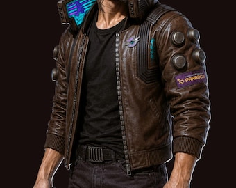 Samurai Leather Bomber Leather Jacket |  Handmade Cosplay Cyberpunk 2077 V Jacket | LED Collar