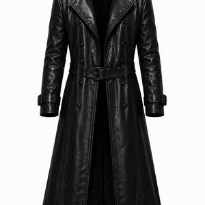 May include: A long, black leather trench coat with a double-breasted design. The coat features a notched collar, a belt at the waist, and button closures. The coat's length extends to the ankles.