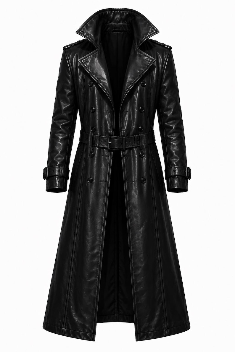 May include: A long, black leather trench coat with a double-breasted design. The coat features a notched collar, a belt at the waist, and button closures. The coat's length extends to the ankles.