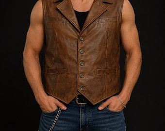 Men Motorcycle Vest Vintage Real Leather Vest - Handmade Black Brown Distressed Waistcoat For Men - Gift for Him