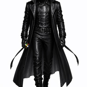 May include: A person in a black leather outfit, including a long coat, pants, gloves, and boots, is holding a Rubik's Cube. The person is wearing a hat and a mask. The image is in black and white.