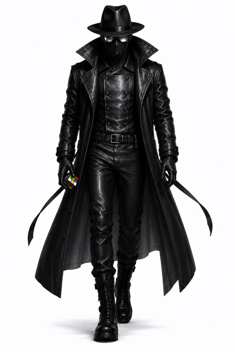 May include: A person in a black leather outfit, including a long coat, pants, gloves, and boots, is holding a Rubik's Cube. The person is wearing a hat and a mask. The image is in black and white.