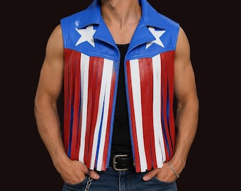 Handmade American Flag Fringe Vest: Patriotic 4th of July Outfit Leather Western Wear