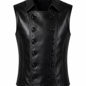 May include: A black, sleeveless vest with a double-breasted design. The vest features a notched collar and eight round, black buttons. The material appears to be leather or a leather-like fabric, with visible stitching details.