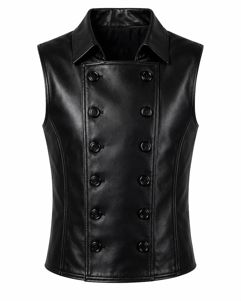 May include: A black, sleeveless vest with a double-breasted design. The vest features a notched collar and eight round, black buttons. The material appears to be leather or a leather-like fabric, with visible stitching details.
